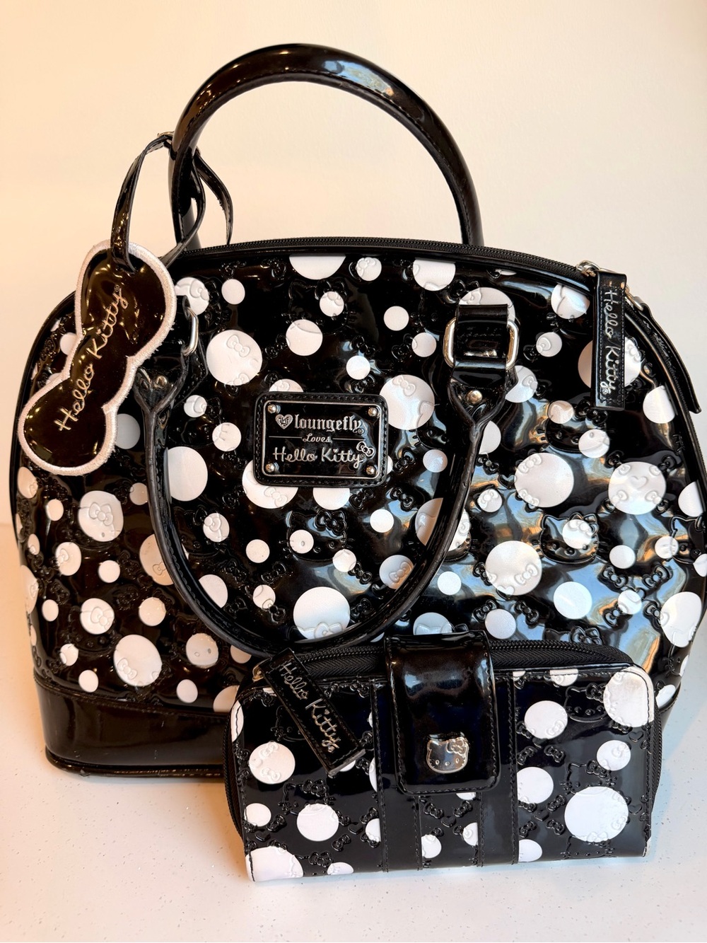 Loungefly Black & White Polka Dot Patent Tote with Matching Wallet
